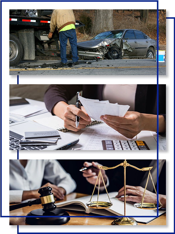 collage of a car accident, bills pilling up and legal advice